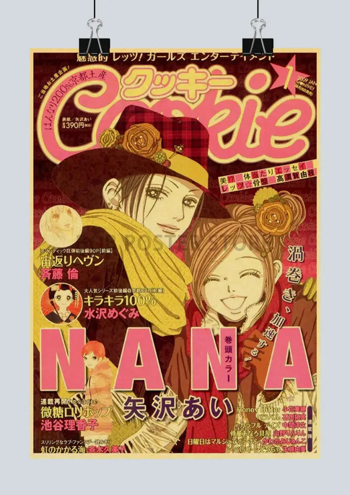 Vibrant red and yellow anime nana retro poster sticker featuring two girls with floral headpieces and japanese text