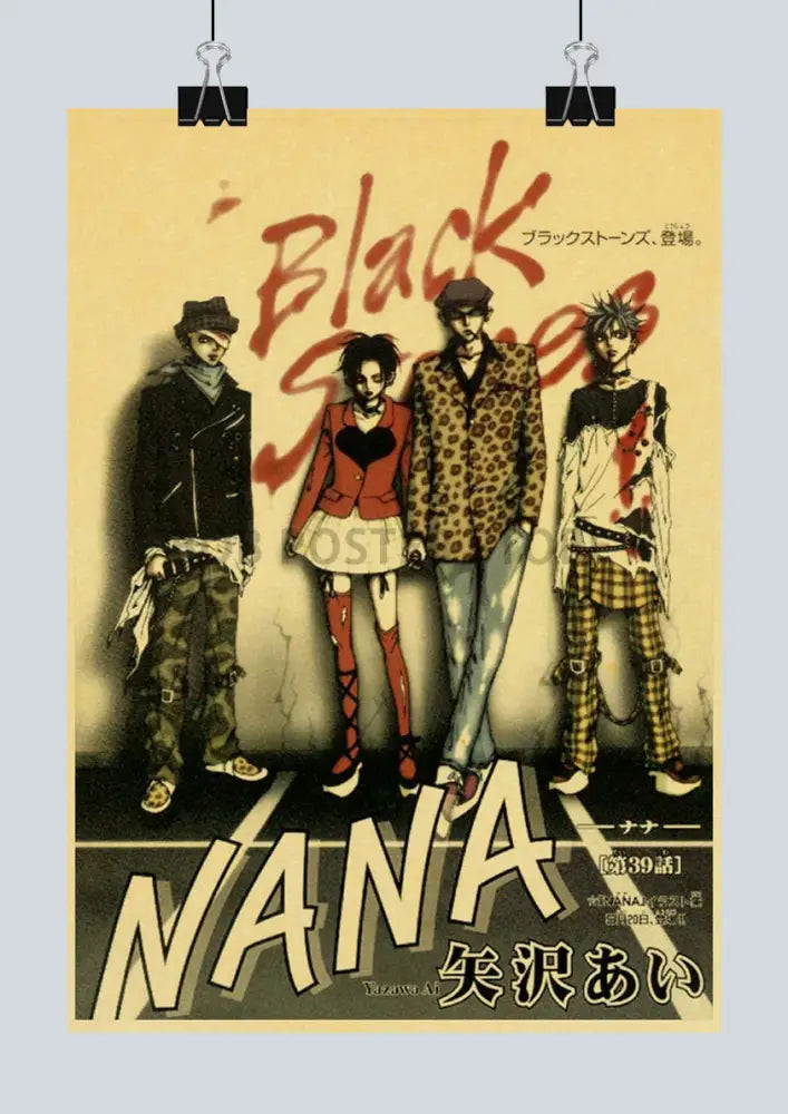 Vintage style decorbites™ anime nana retro poster sticker featuring four fashion forward characters on sepia background