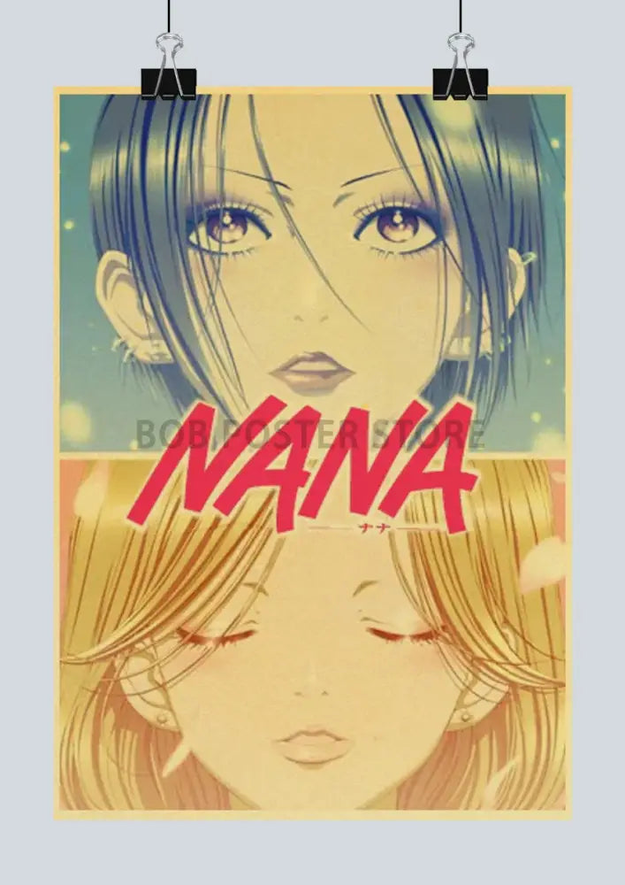 Vintage-style anime nana retro poster sticker featuring two blue and blonde haired girls framed by yellow border and red lettering
