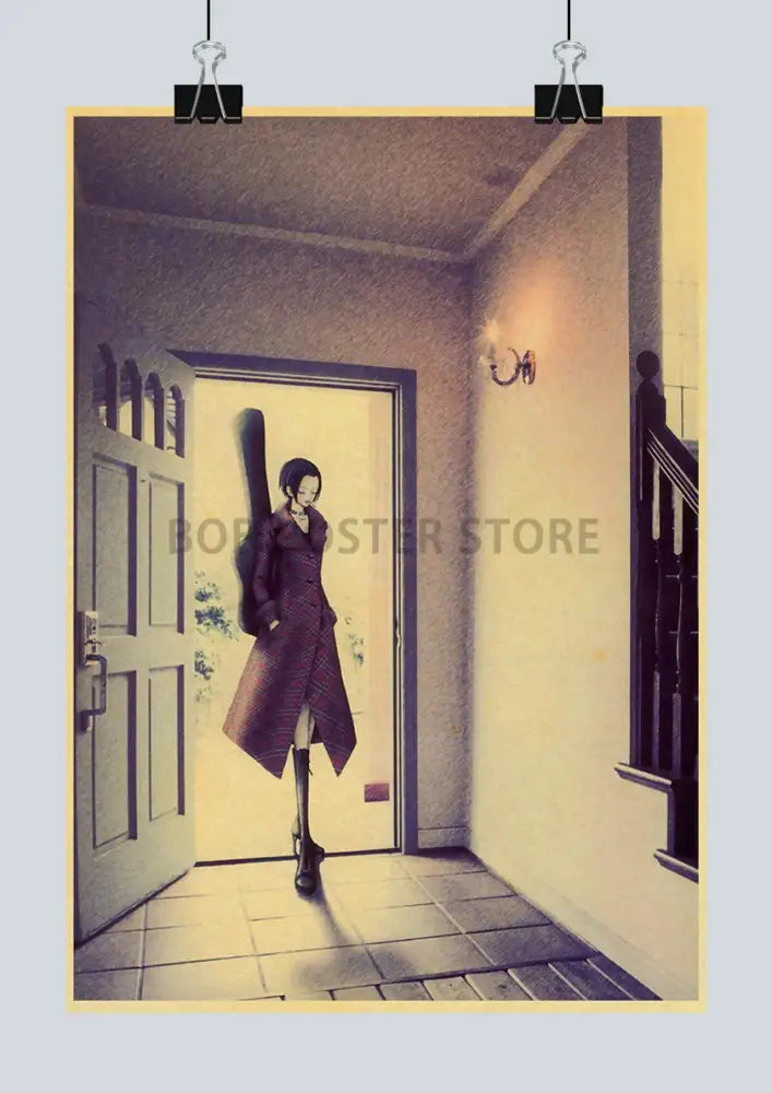 Vintage-style decorbites™ japanese anime nana retro poster sticker showing a woman with guitar in sunlit hallway