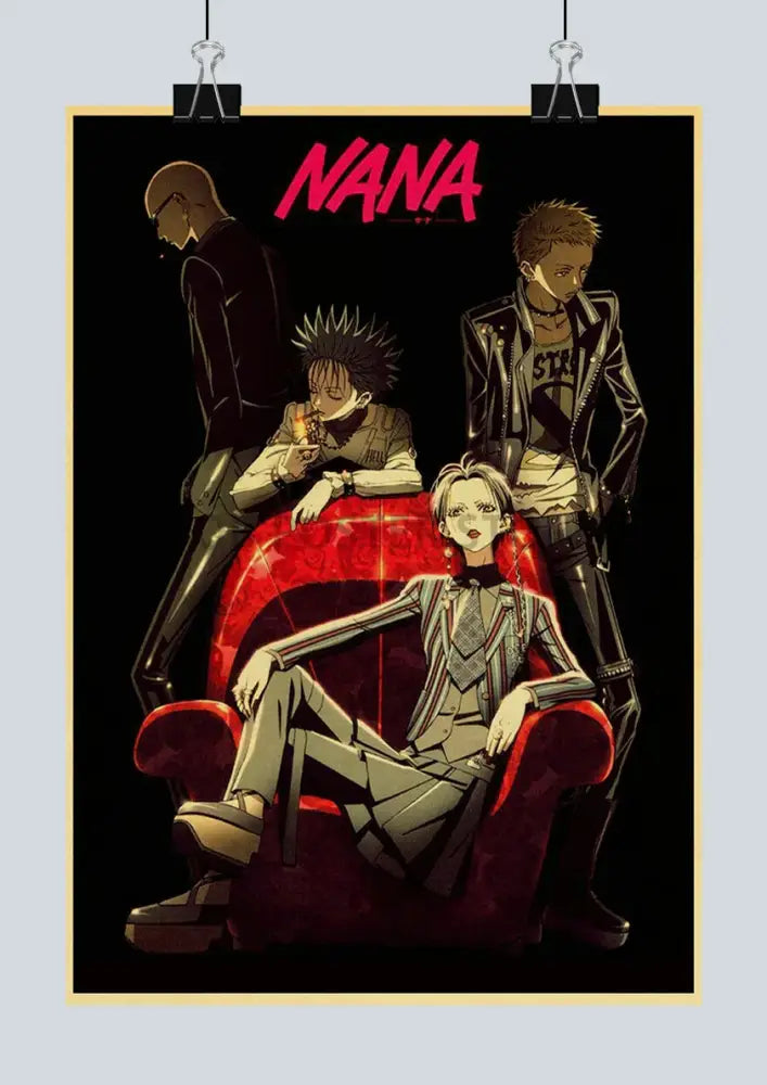 Black poster from decorbites™ japanese anime nana retro poster set featuring four stylized characters with dark outfits