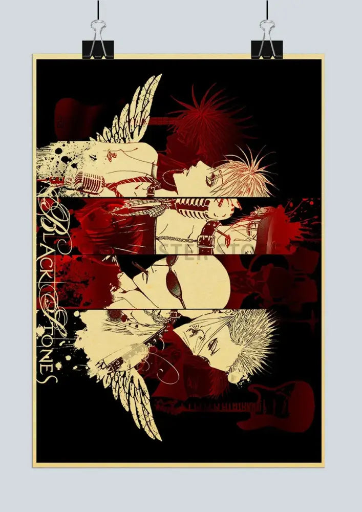 DecorBites™ Japanese anime nana retro poster set featuring black and red winged characters with distressed design