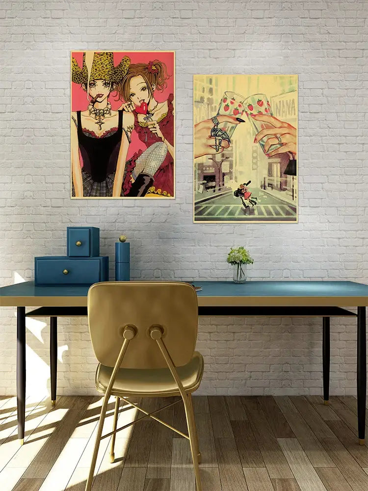 Gold metal chair with cushioned seat and backrest featured in DecorBites™ japanese anime nana retro poster set