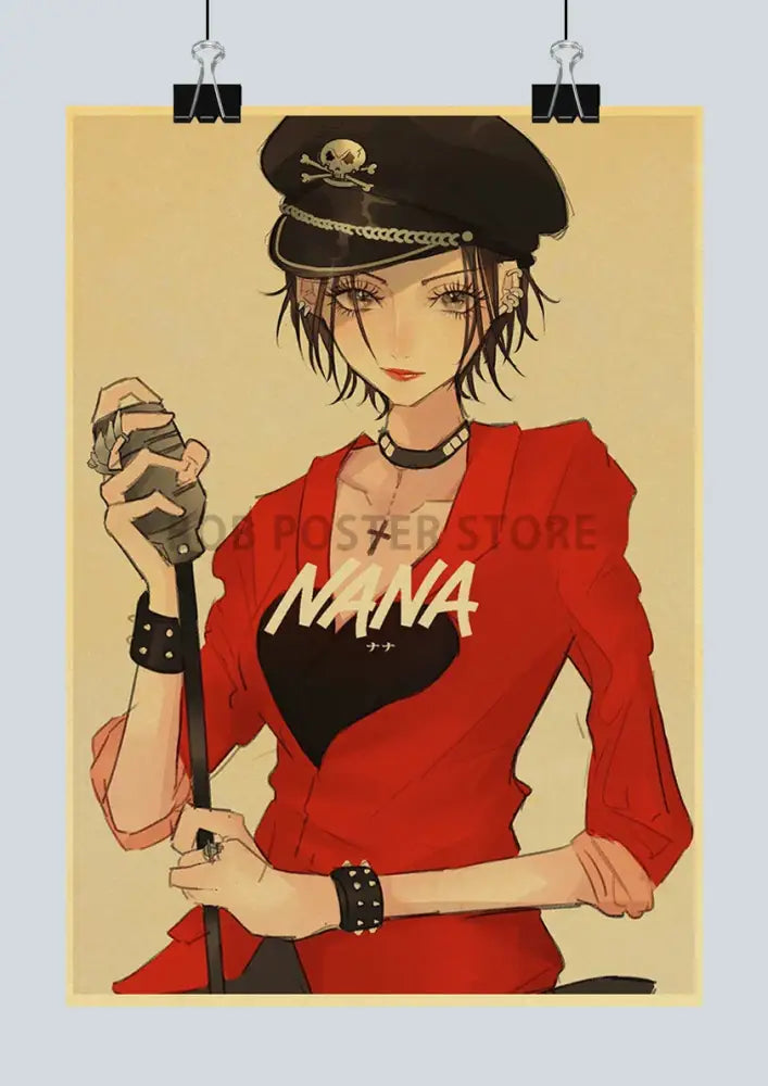 Red and black japanese anime nana poster featuring a character in a skull-adorned cap holding a cane from decorbites