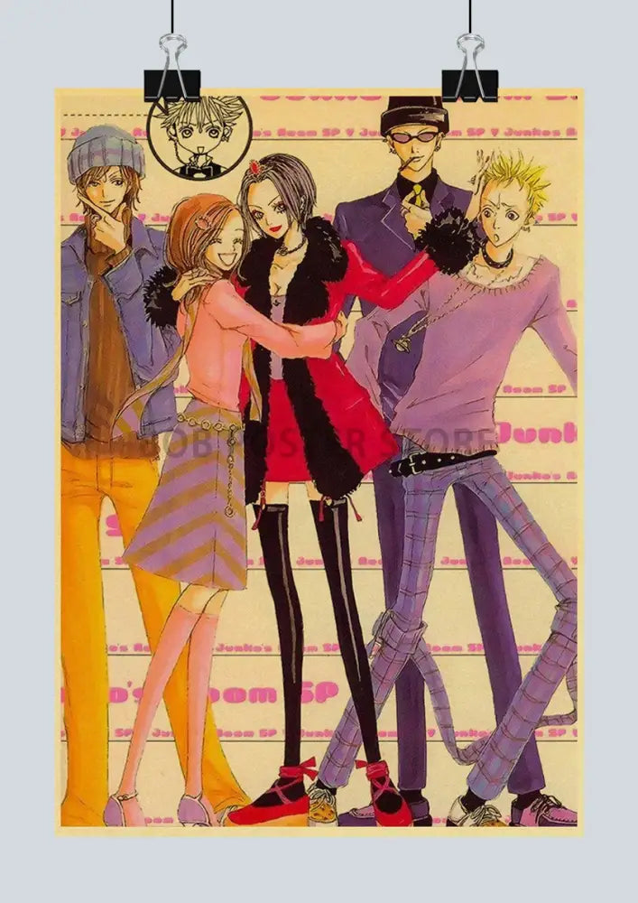 Anime nana japanese anime nana poster set featuring five colorful fashion-forward characters on a patterned background