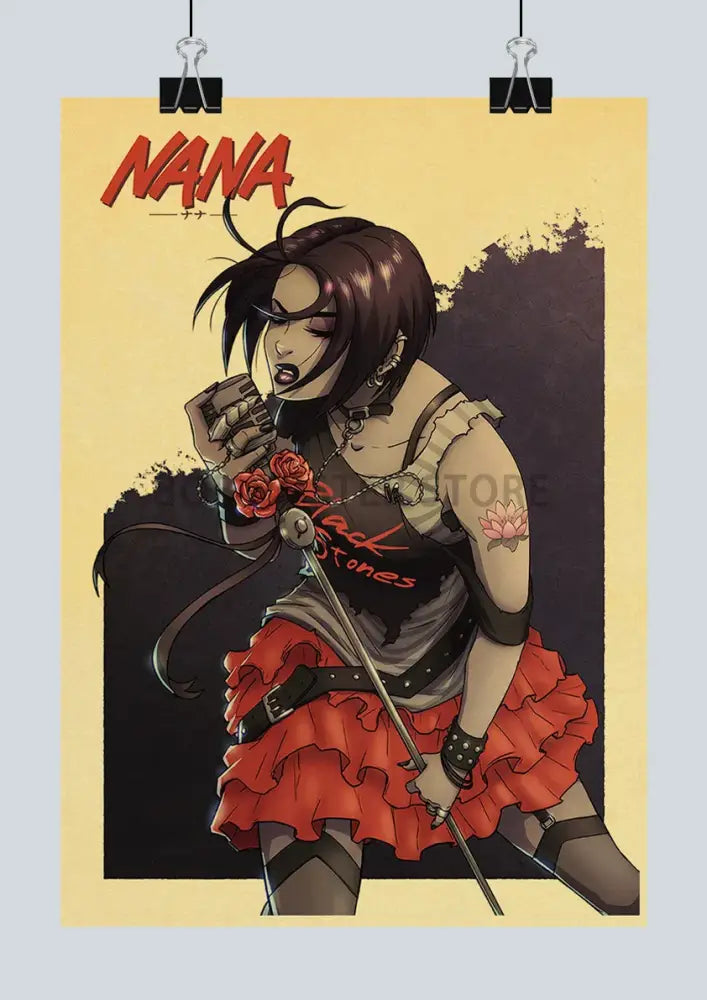 Stylized japanese anime nana poster featuring dark-haired character in red ruffled skirt holding roses and sword decorbites