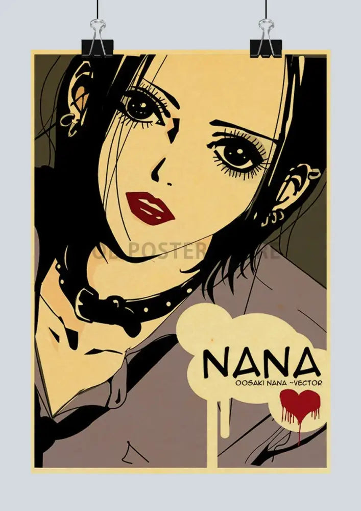 A stylized DecorBites™ japanese anime nana poster featuring a woman with black hair red lips and bold yellow tones