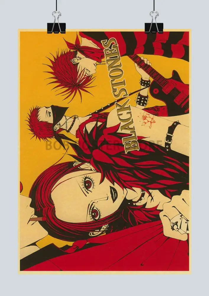 Vibrant red and black japanese anime nana poster featuring the band black stones from decorbites™ retro set