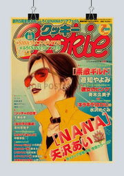 Vibrant red sunglasses with sleek design worn by character in yellow jacket in japanese anime nana retro poster set decorbites