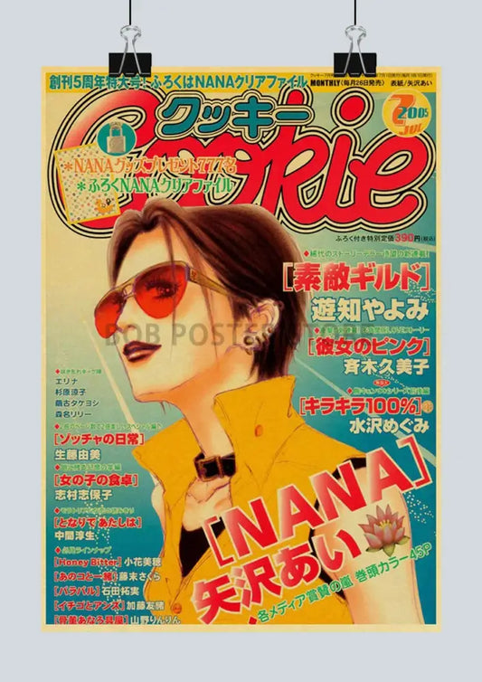 Vibrant red sunglasses with sleek design worn by character in yellow jacket in japanese anime nana retro poster set decorbites