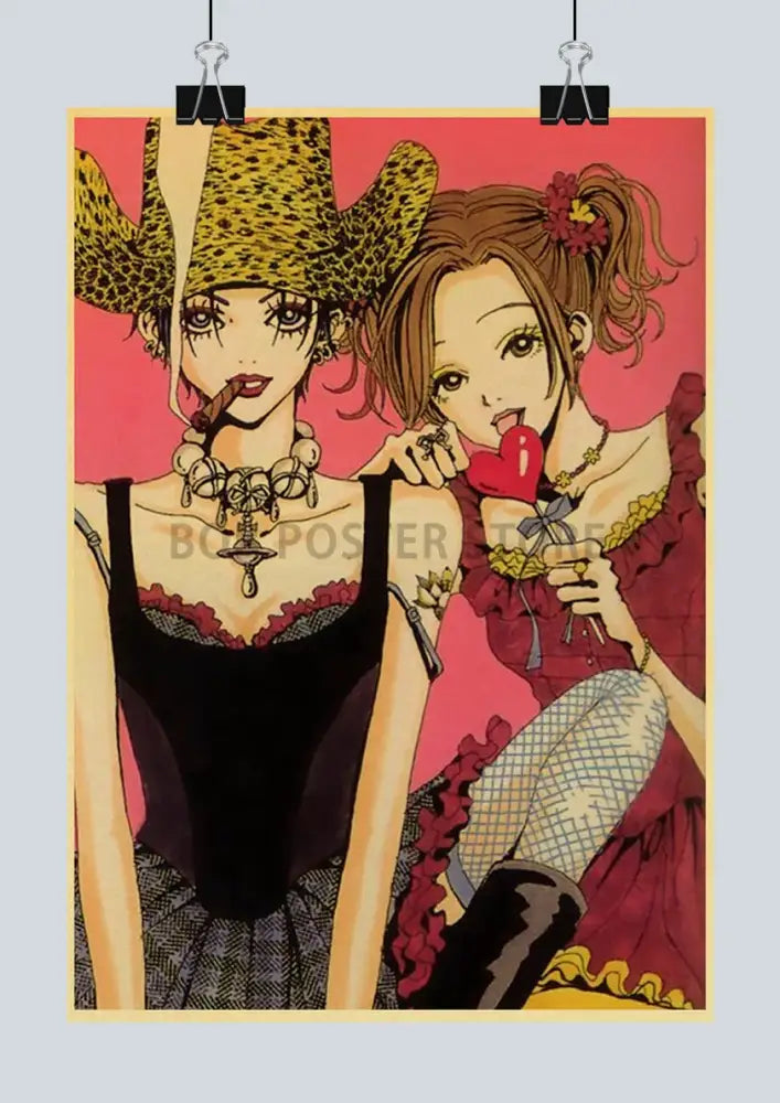 A vibrant japanese anime nana poster featuring two stylized female characters in leopard print and red outfits