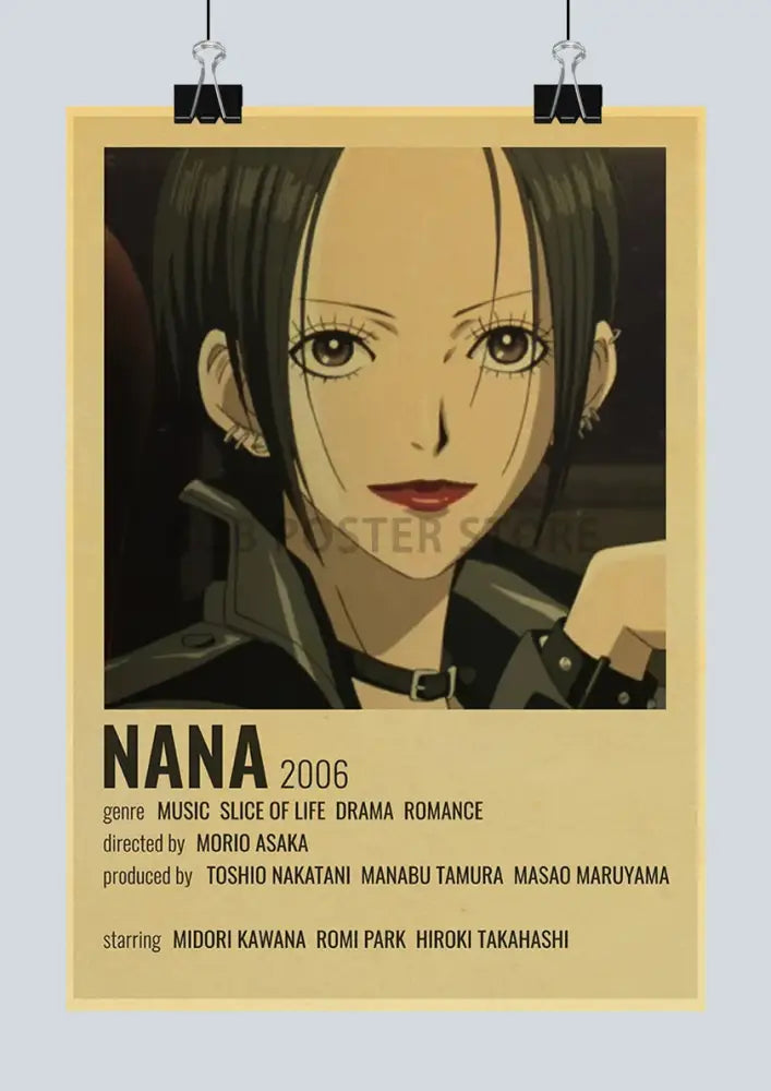 Vintage-style japanese anime nana poster featuring dark hair and red lips on beige background from decorbites