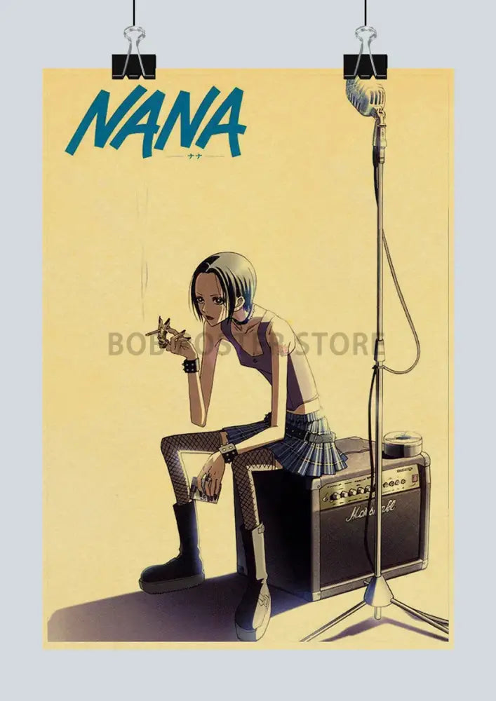 Vintage-style japanese anime nana poster featuring the character nana in punk outfit with marshall amplifier and microphone