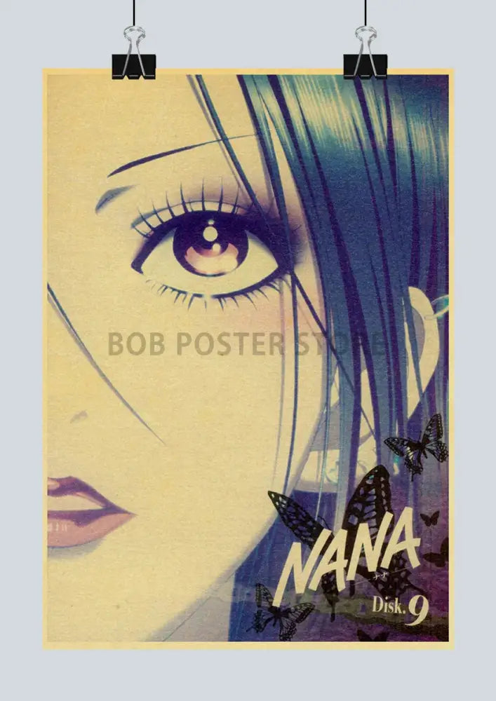 Vintage-style japanese anime nana poster featuring a close-up of blue hair and eye with butterflies labeled nana disk 9