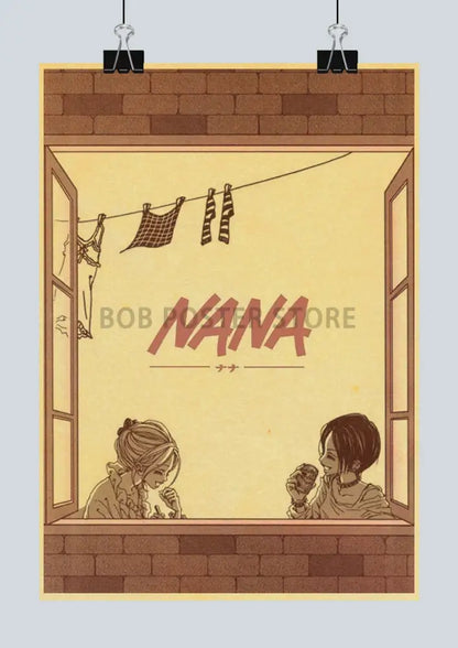 Vintage-style illustrated decorbites™ japanese anime nana retro poster set featuring two characters at a window with brickwork and laundry