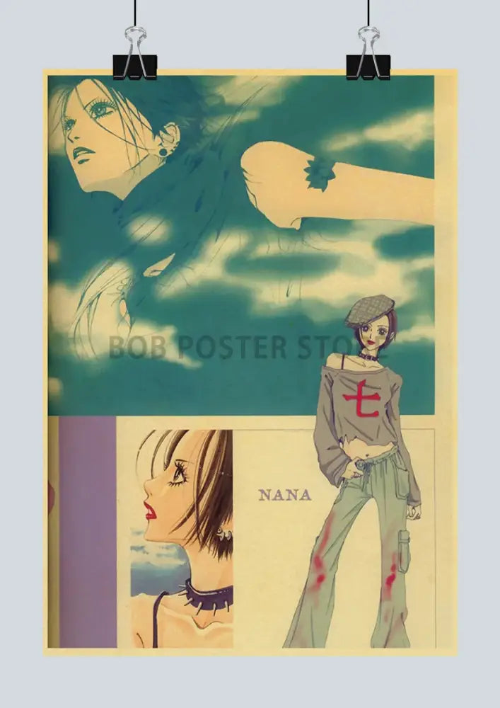 DecorBites™ japanese anime nana retro poster set featuring vintage-style stylized illustrations in teal beige and red tones