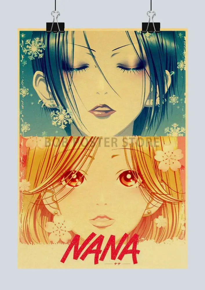 Vintage-style japanese anime nana poster set featuring two illustrated faces with contrasting colors and floral motifs