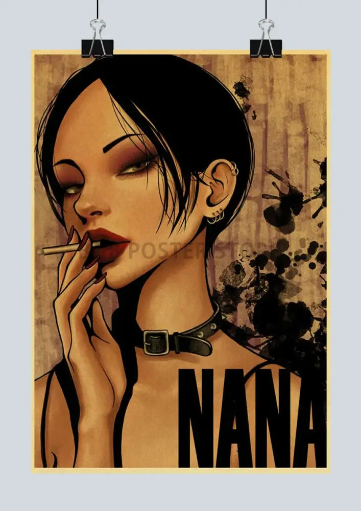 Vintage-style japanese anime nana poster featuring a woman with dark hair red lips and black choker on beige background