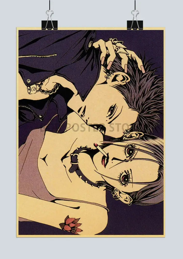 Vintage-style DecorBites™ Japanese anime nana poster set with two characters in sepia tones and deep purple background