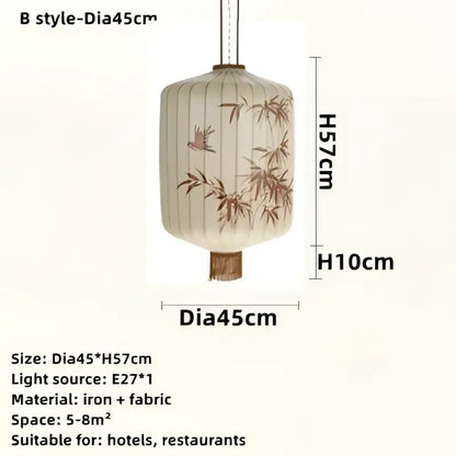 Cream-colored Japanese bamboo leaf pattern paper lantern made of iron and fabric for living room pendant light