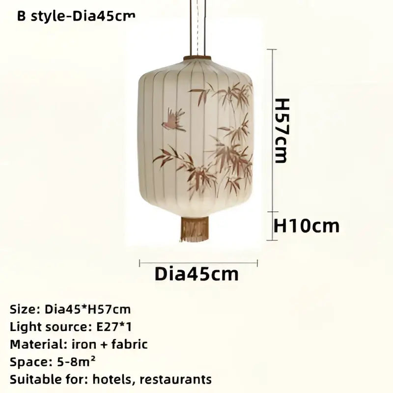 Cream-colored Japanese bamboo leaf pattern paper lantern made of iron and fabric for living room pendant light