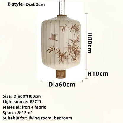 Cream-colored japanese paper lantern pendant light with bamboo leaf pattern motifs crafted from iron and fabric