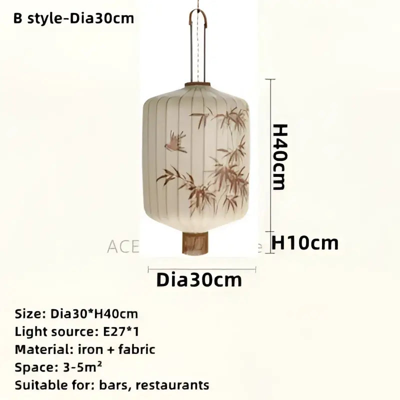Beige japanese paper lantern with brown bamboo leaf pattern made of iron and fabric for living room pendant light