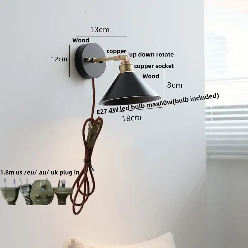 Japanese black wood wall light with black conical lampshade copper accents and pull chain switch decorbites wall light