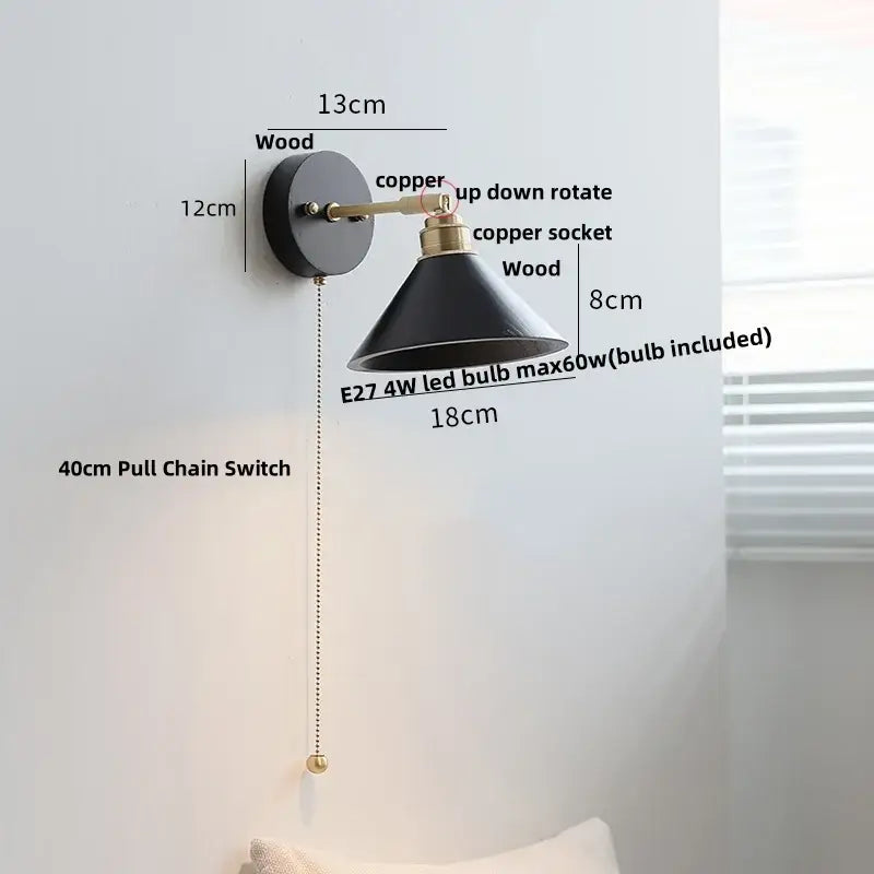 Japanese black wood wall light with black conical lampshade copper accents and pull chain switch decorbites wall light