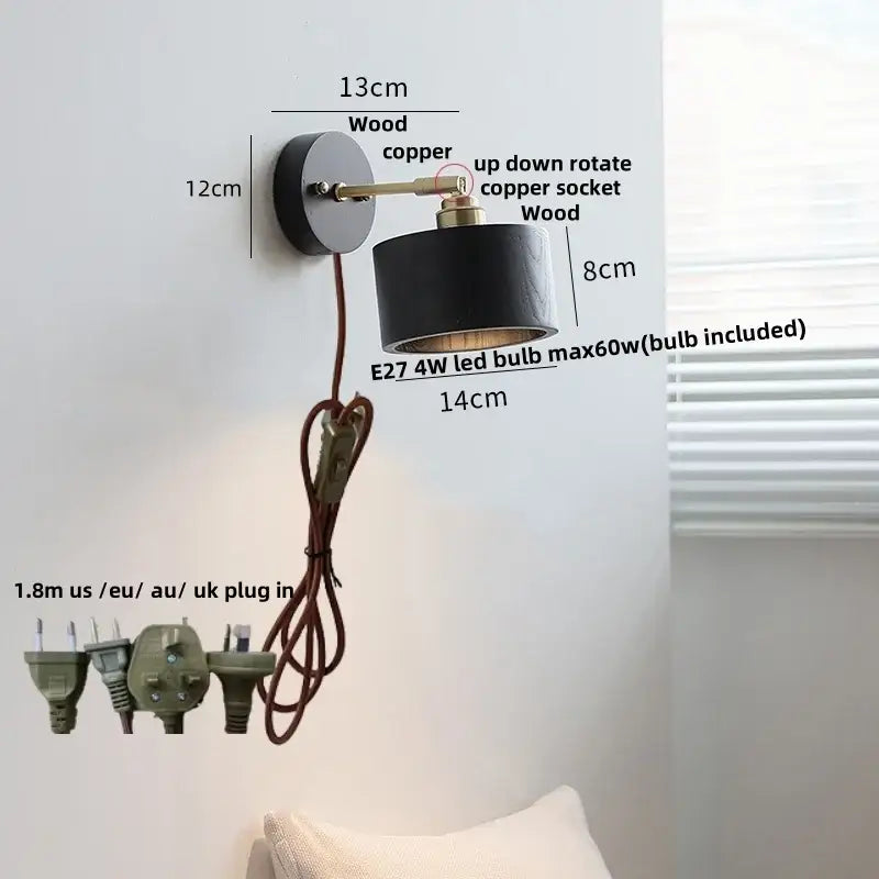 Japanese black wood wall light with black cylindrical sconce copper arm wood base and adjustable socket for bedroom decorbites wall light