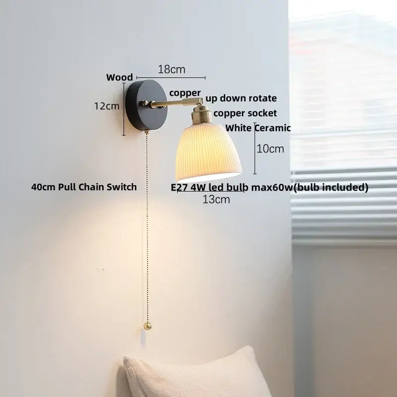 Japanese black wood wall light with copper finish, white ceramic lampshade, and pull chain switch for bedroom decorbites wall light