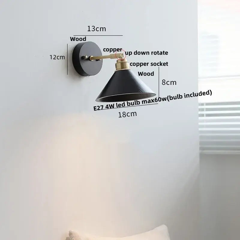 Black conical wall light with copper arm wooden mounting plate and pull chain switch for bedroom decorbites wall light