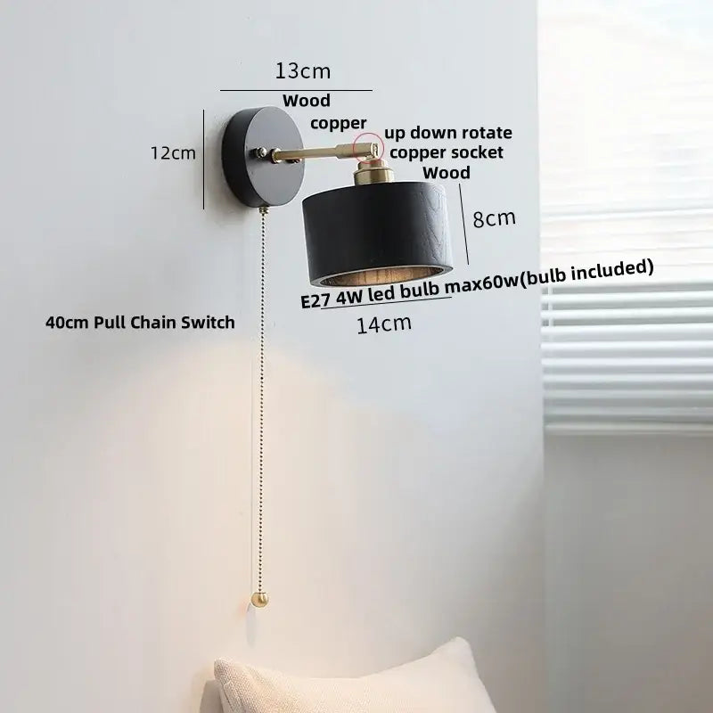 Japanese black wood wall light with black matte finish copper arm cylindrical shade and pull chain switch for bedroom decorbites wall light