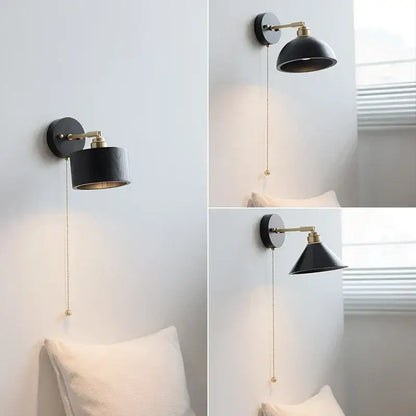 Japanese black wood wall light with black matte finish brass accents and pull chain switch ideal as decorbites wall light