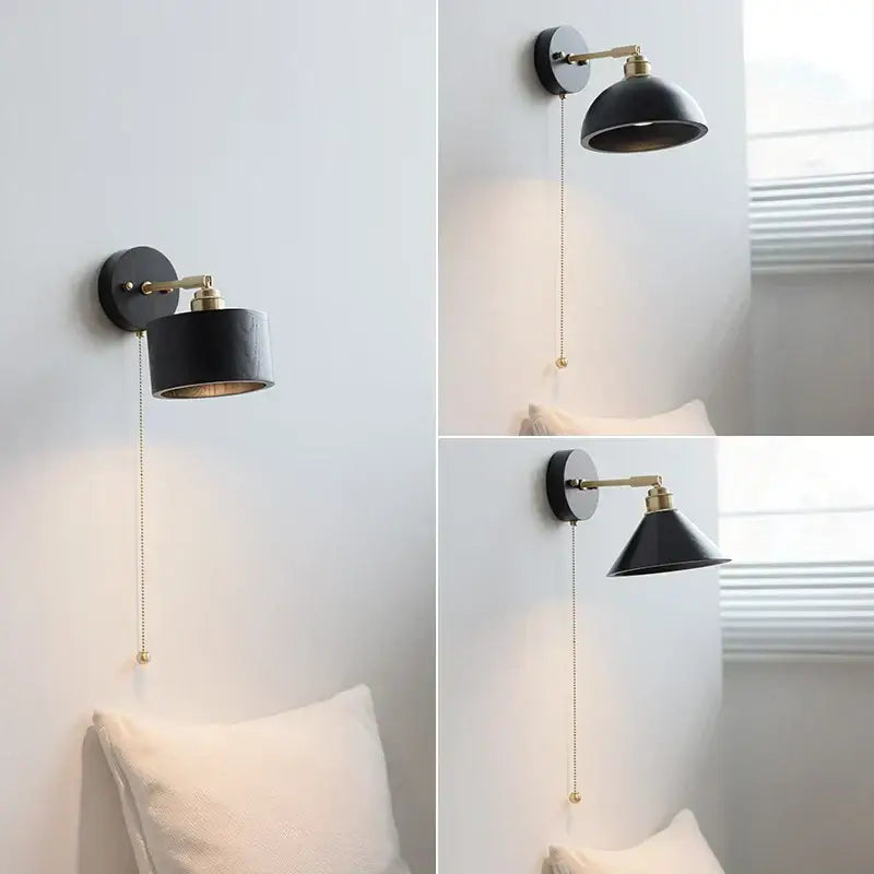 Japanese black wood wall light with black matte finish brass accents and pull chain switch ideal as decorbites wall light