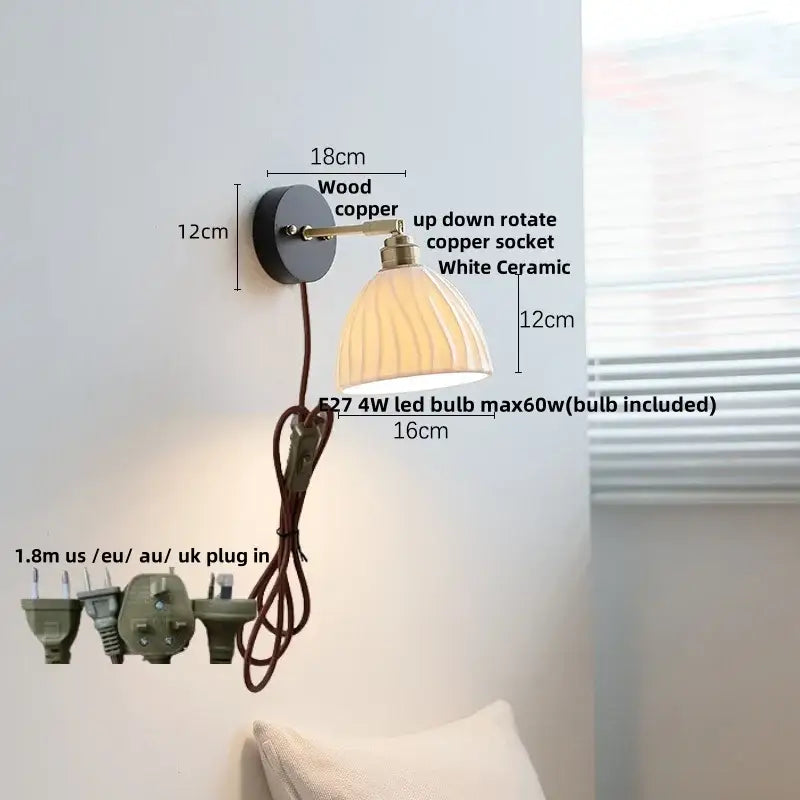 Japanese black wood wall light with copper base, white ridged ceramic shade, adjustable rotating socket, and pull chain switch