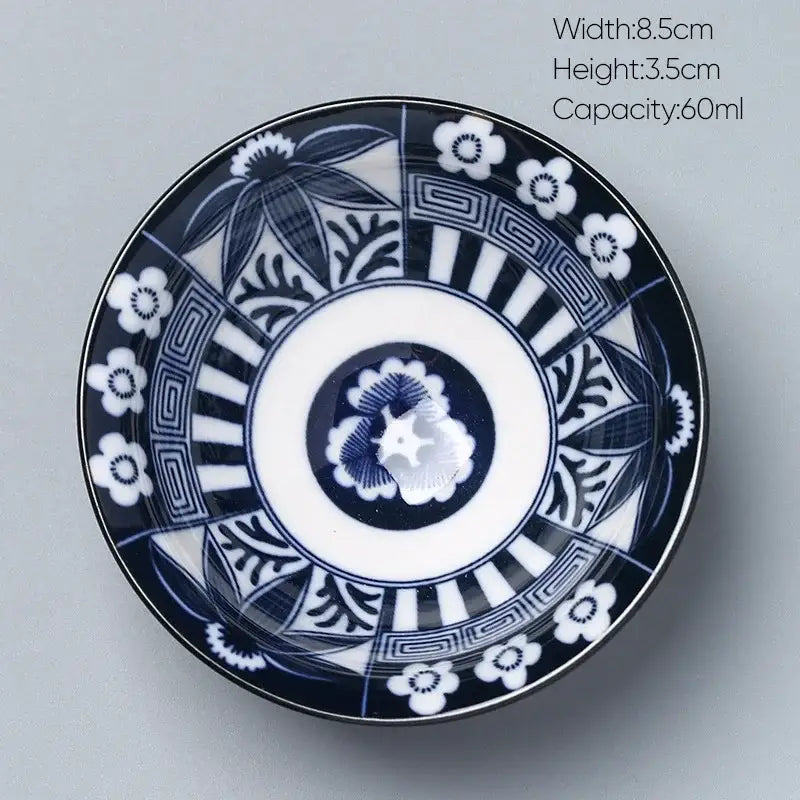 Japanese blue and white kung fu tea cup ceramic bowl with intricate floral and geometric patterns by decorbites ceramic kung