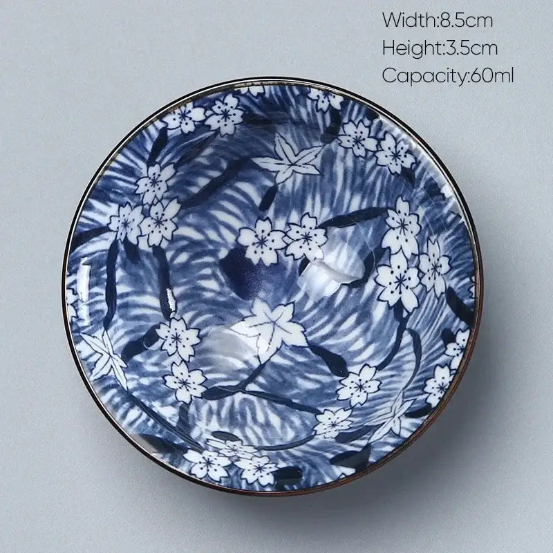 Blue and white ceramic kung fu tea cup porcelain bowl with gold rim and cherry blossom decor by decorbites ceramic