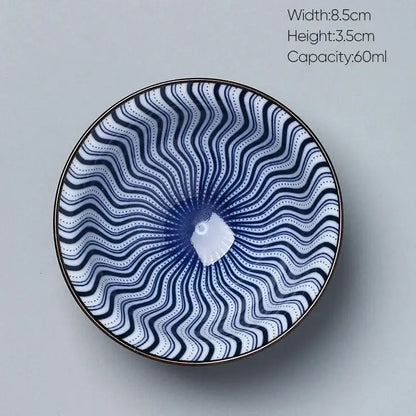 A round decorbites ceramic kung fu tea porcelain bowl with blue and white wavy pattern and dotted lines design