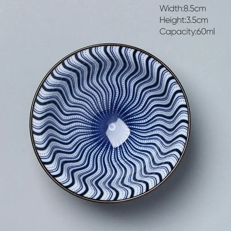 A round decorbites ceramic kung fu tea porcelain bowl with blue and white wavy pattern and dotted lines design