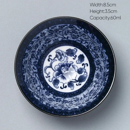 Traditional japanese blue and white decorbites ceramic kung fu tea porcelain bowl featuring peony floral design