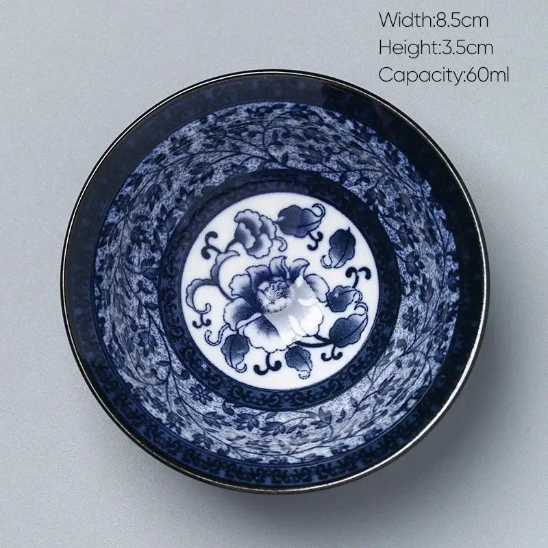 Traditional japanese blue and white decorbites ceramic kung fu tea porcelain bowl featuring peony floral design