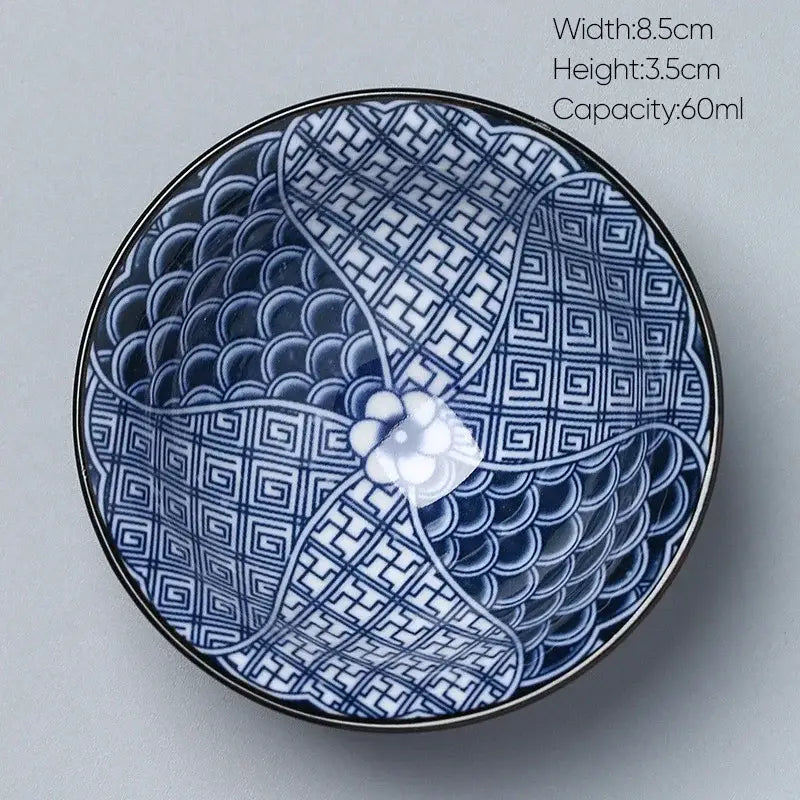 Japanese blue and white ceramic kung fu tea cup porcelain bowl with intricate geometric patterns and scalloped edge decorbites ceramic kung