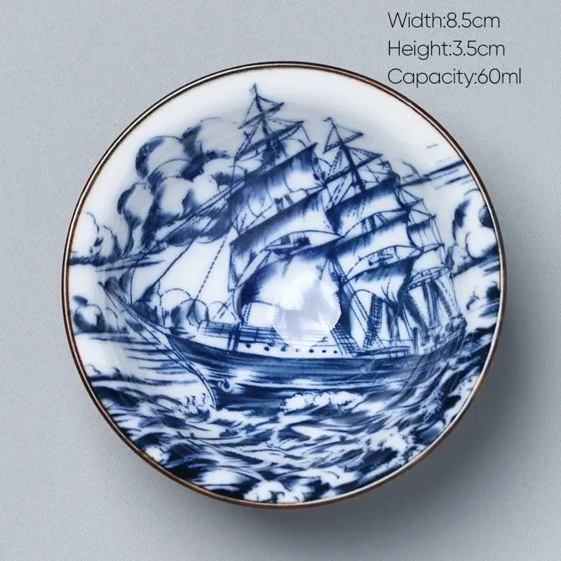 White ceramic kung fu tea saucer with blue hand-painted sailing ship and gold rim by decorbites ceramic kung