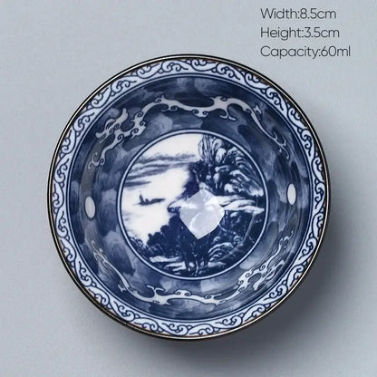 Japanese blue and white kung fu tea porcelain bowl with intricate landscape and ornate scrollwork by decorbites ceramic kung
