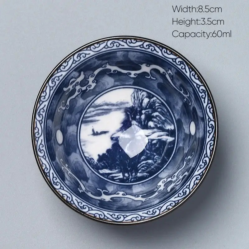 Japanese blue and white kung fu tea porcelain bowl with intricate landscape and ornate scrollwork by decorbites ceramic kung