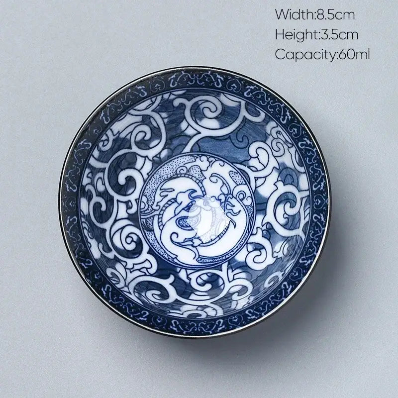Japanese blue and white porcelain kung fu tea cup with intricate dragon design by decorbites ceramic kung