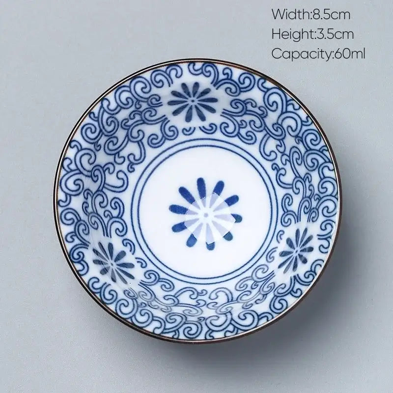 Japanese blue and white kung fu tea porcelain bowl with intricate blue patterns and gold-rimmed edge by decorbites ceramic kung