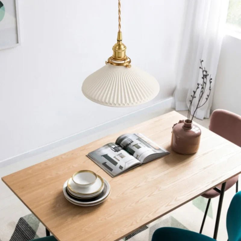 Japanese Ceramic Pendant Light in White and Bronze - Decorbites