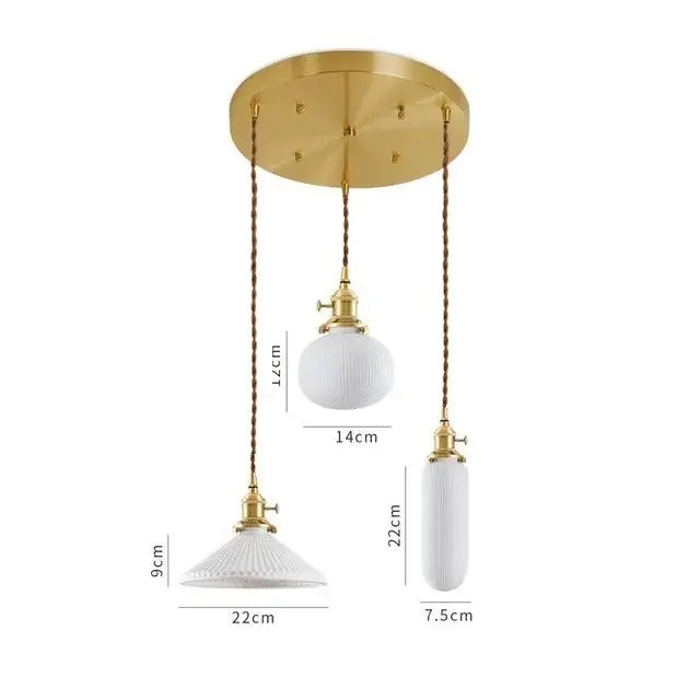 Japanese cream ribbed ceramic led pendant light with gold-toned fixture and three white glass lights by decorbites ceramic led